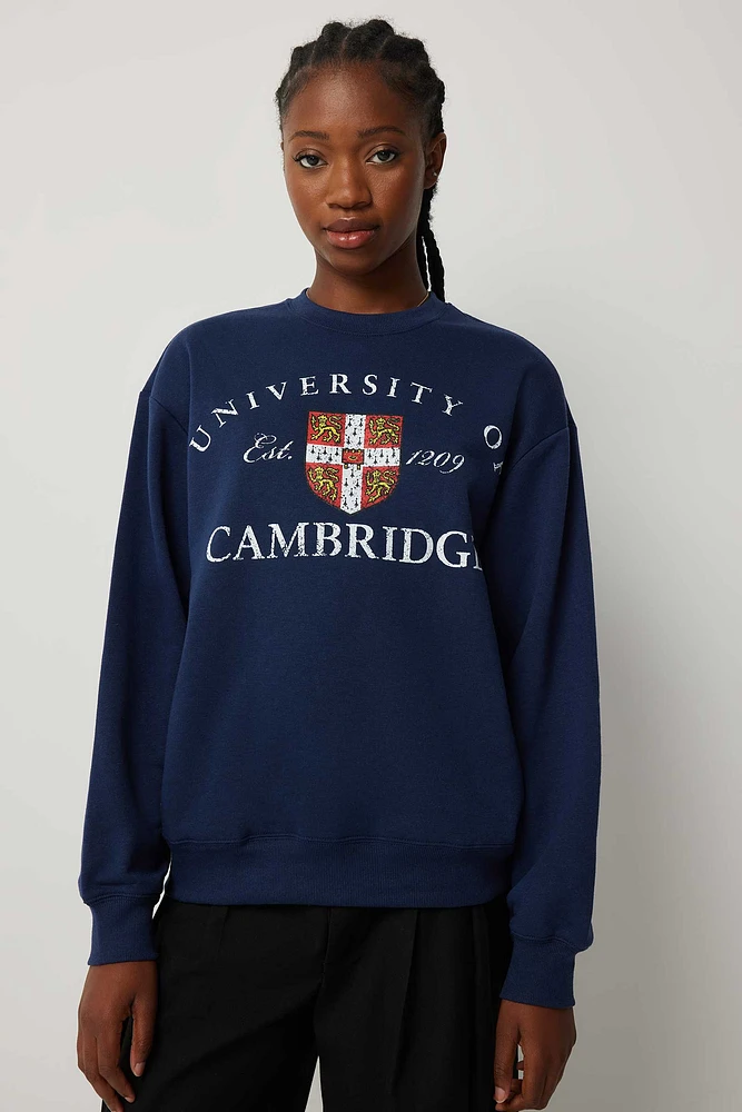 Ardene Cambridge Graphic Sweatshirt in Dark Blue | Size | Polyester/Cotton | Fleece-Lined