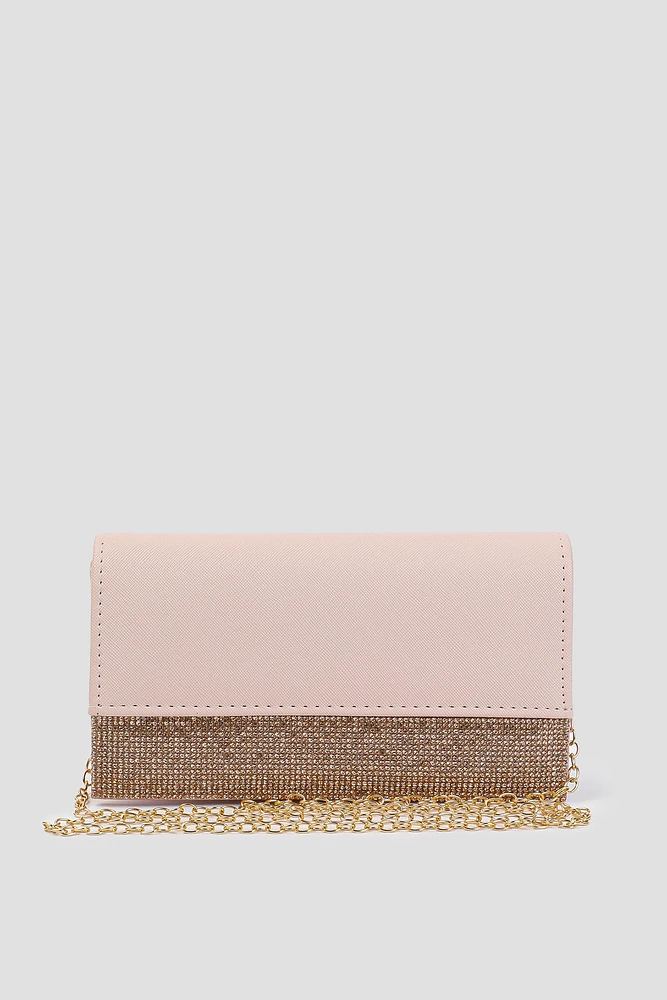 Ardene Rhinestone Embellished Clutch in Light Pink | Polyester