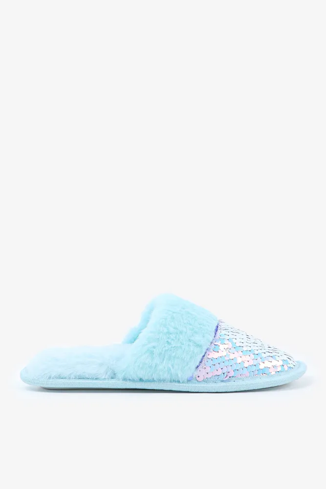 Ardene Kids Sequin Slippers in Light Blue | Size