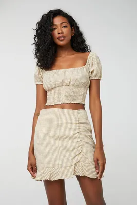 Ardene Gingham Ruffle Hem Mini Skirt in Beige | Size | Polyester