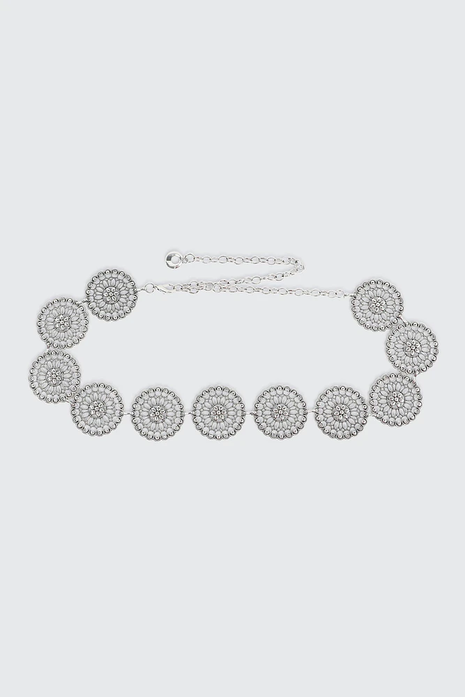 Ardene Floral Medallion Chain Belt in Silver