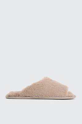 Ardene Faux Fur Slippers in Beige | Size