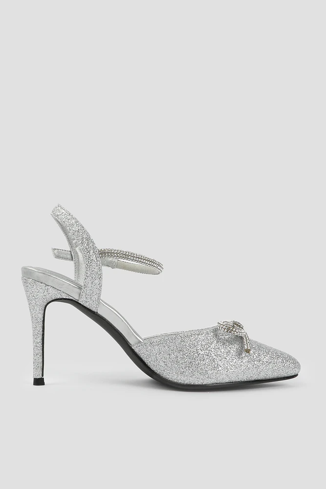 Ardene Glitter Pumps with Rhinestone Bow in Silver | Size