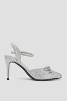 Ardene Glitter Pumps with Rhinestone Bow in Silver | Size