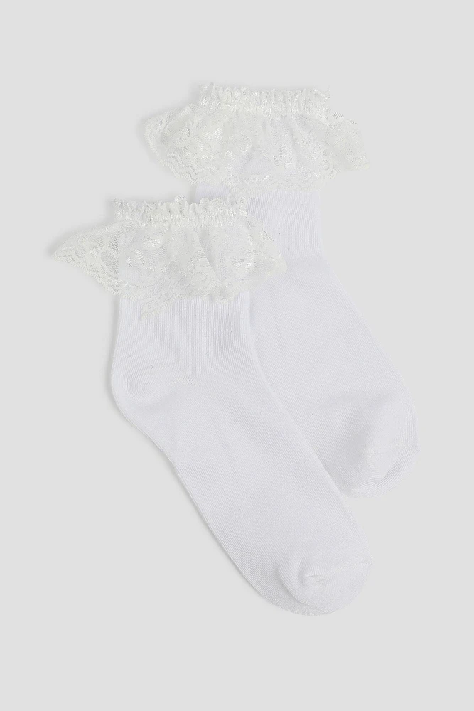 Ardene Kids Lace Trim Demi Crew Socks in White | Polyester/Spandex