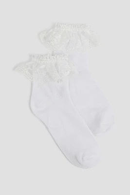 Ardene Kids Lace Trim Demi Crew Socks in White | Polyester/Spandex