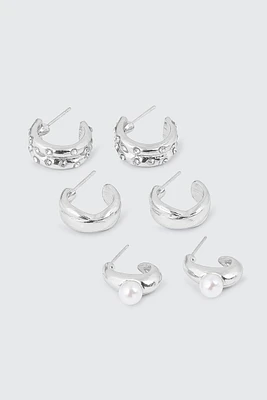 Ardene 3-Pack Pearl & Stone Hoop Earrings in Silver | Stainless Steel