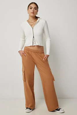 Ardene Wide Leg Cargo Sweatpants in Cognac | Size | Polyester/Cotton | Fleece-Lined