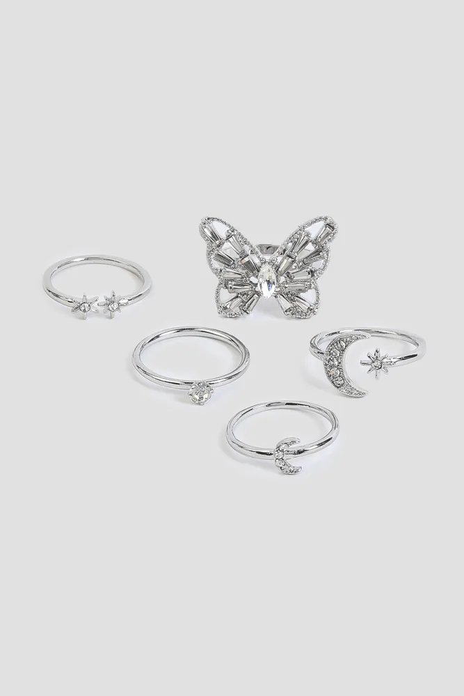 Ardene 5-Pack Butterfly Rings in Silver | Size Small