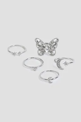 Ardene 5-Pack Butterfly Rings in Silver | Size