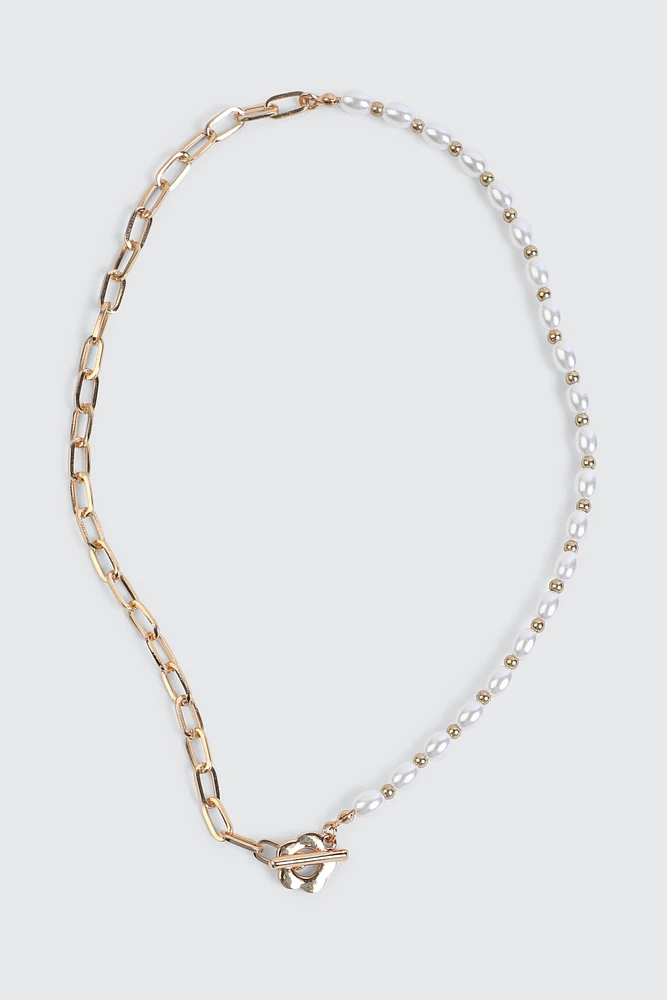 Ardene Pearl & Chain Necklace with Daisy Toggle in Gold