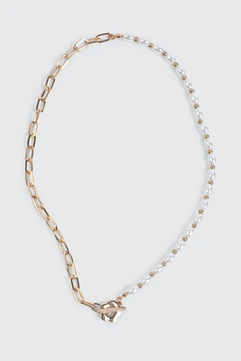 Ardene Pearl & Chain Necklace with Daisy Toggle in Gold