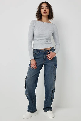 Ardene Low Rise Wide Leg Cargo Jeans in Dark Blue | Size | 100% Cotton