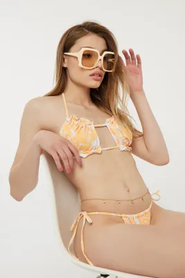 Ardene Printed Bandeau Bikini Top with Ruffles in Orange | Size | Polyester/Nylon/Spandex | Microfiber