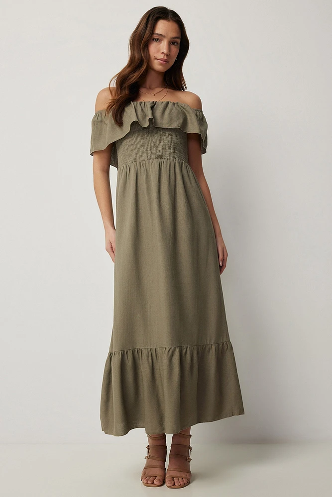 Ardene Linen Blend Off Shoulder Maxi Dress in Khaki | Size | Viscose