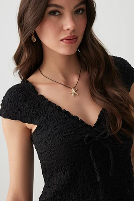 Ardene Textured Top with Bow detail in | Size | Polyester/Cotton/Elastane