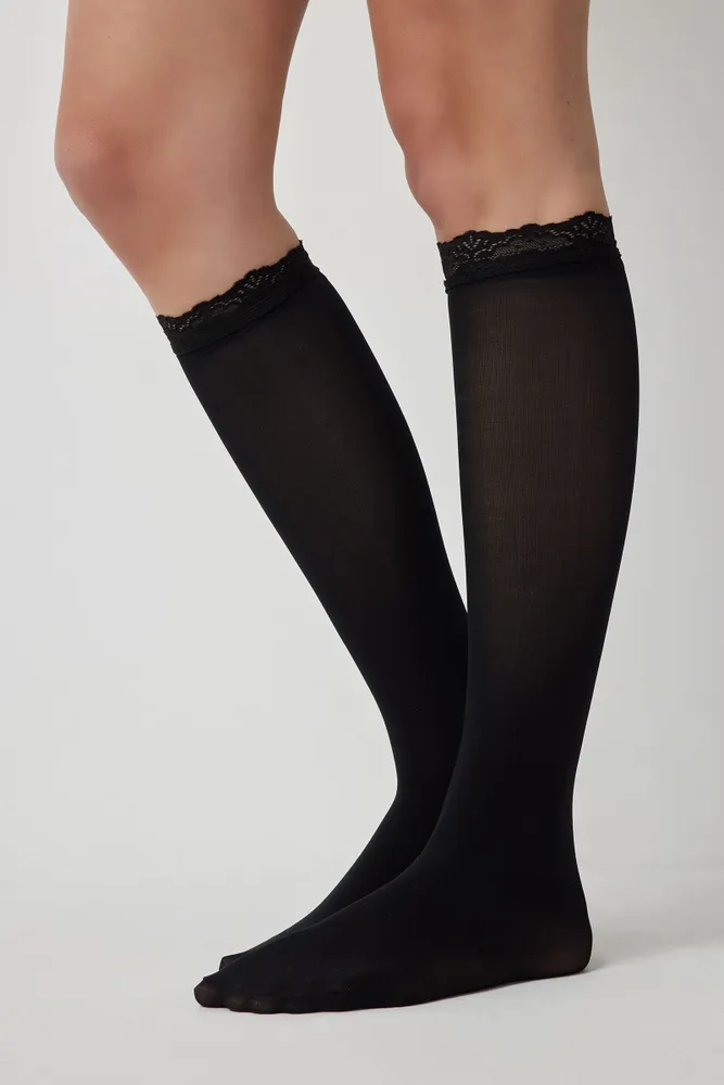 Ardene Knee High Socks with Lace Trim in Black | Nylon/Spandex