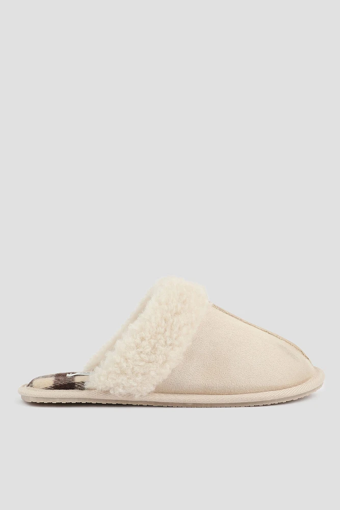 Ardene Mule Slippers with Faux Fur Lining in Beige | Size | Polyester/Faux Suede | Eco-Conscious