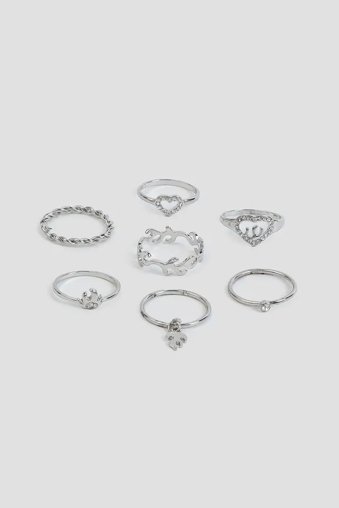 Ardene 7-Pack Flame & Heart Rings in Silver | Size