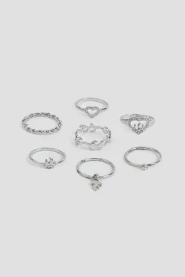 Ardene 7-Pack Flame & Heart Rings in Silver | Size