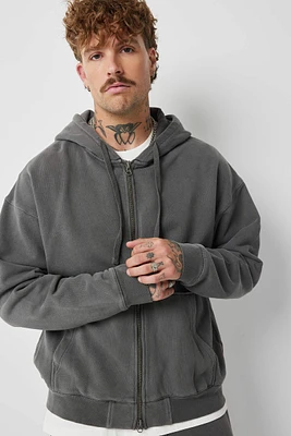Ardene Man Washed Zip-Up Hoodie For Men in Dark Grey | Size | 100% Cotton | Fleece-Lined
