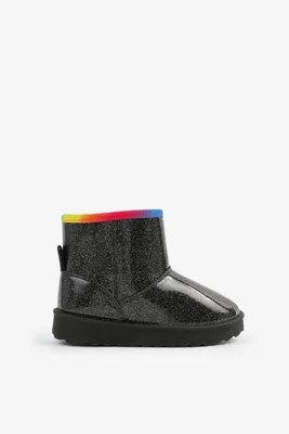 Ardene Black Glitter Faux Sheepskin Boots | Size | Microfiber