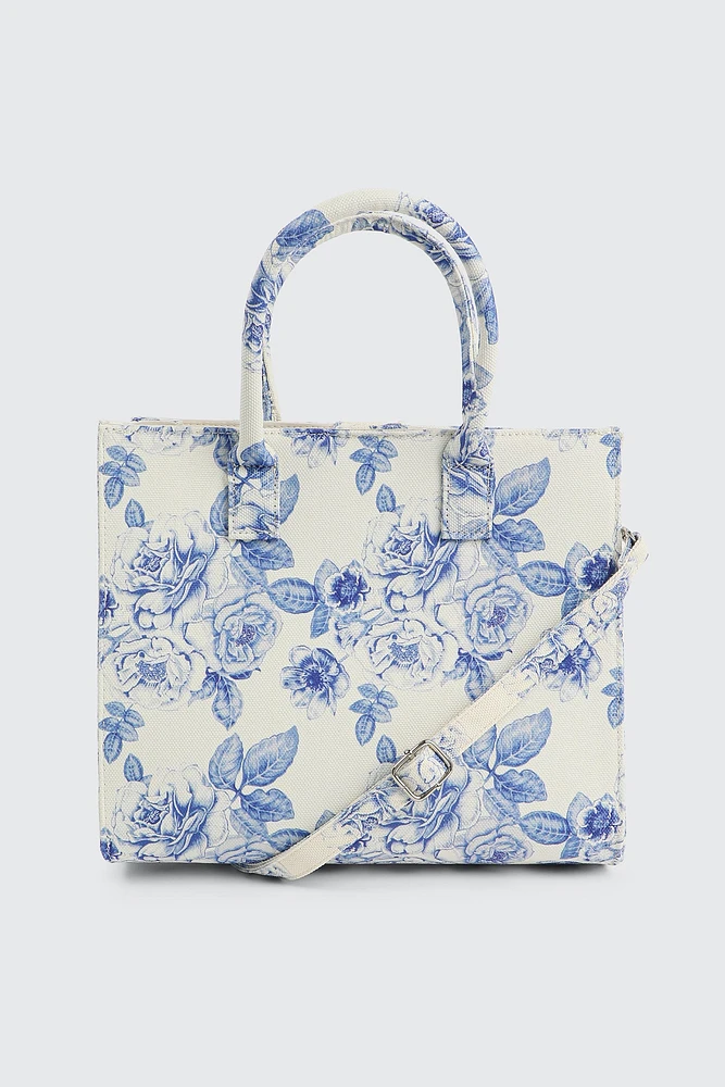 Ardene Floral Canvas Tote Bag in Medium Blue | 100% Recycled Polyester | Eco-Conscious