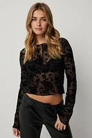 Ardene Flocked Floral Mesh Top in | Size | Polyester/Elastane