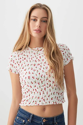 Ardene Smocked Printed T-Shirt in White | Size | Polyester/Elastane