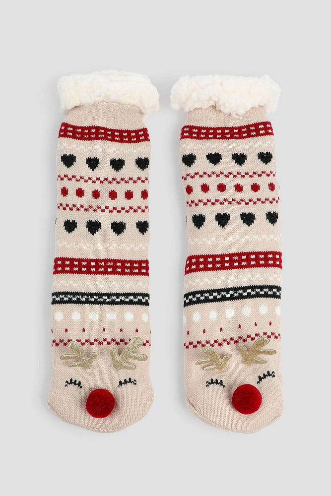 Ardene Reindeer Slipper Socks with Pompoms in Beige | Polyester/Spandex