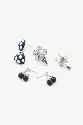 Ardene Pack of Cherry & Heart Stud Earrings in Black | Stainless Steel