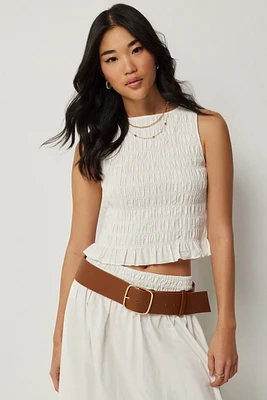 Ardene Smocked Poplin Crop Top in White | Size | 100% Cotton