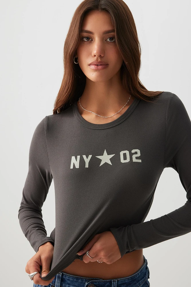 Ardene Ultra Crop Graphic Long Sleeve T-Shirt in Dark Grey | Size | Polyester/Elastane | Eco-Conscious