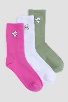 Ardene 3-Pack Crew Socks with Daisy Embroideries in Pink | Polyester/Spandex