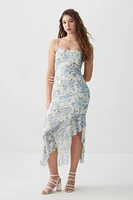 Ardene Floral Asymmetrical Ruffle Dress in Light Blue | Size | Polyester/Elastane