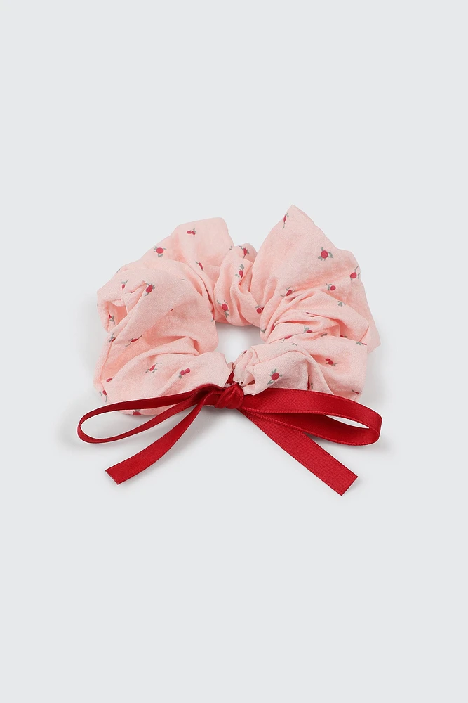 Ardene Floral Scrunchie with Bow in Light Pink