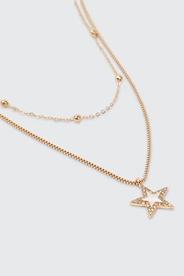 Ardene Two-Row Star & Stone Necklace in Gold