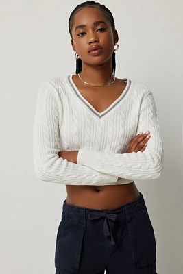 Ardene Fitted Cable Knit Sweater in White | Size | Polyester/Nylon