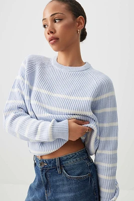 Ardene Striped Raglan Sweater in Light Blue | Size | Cotton
