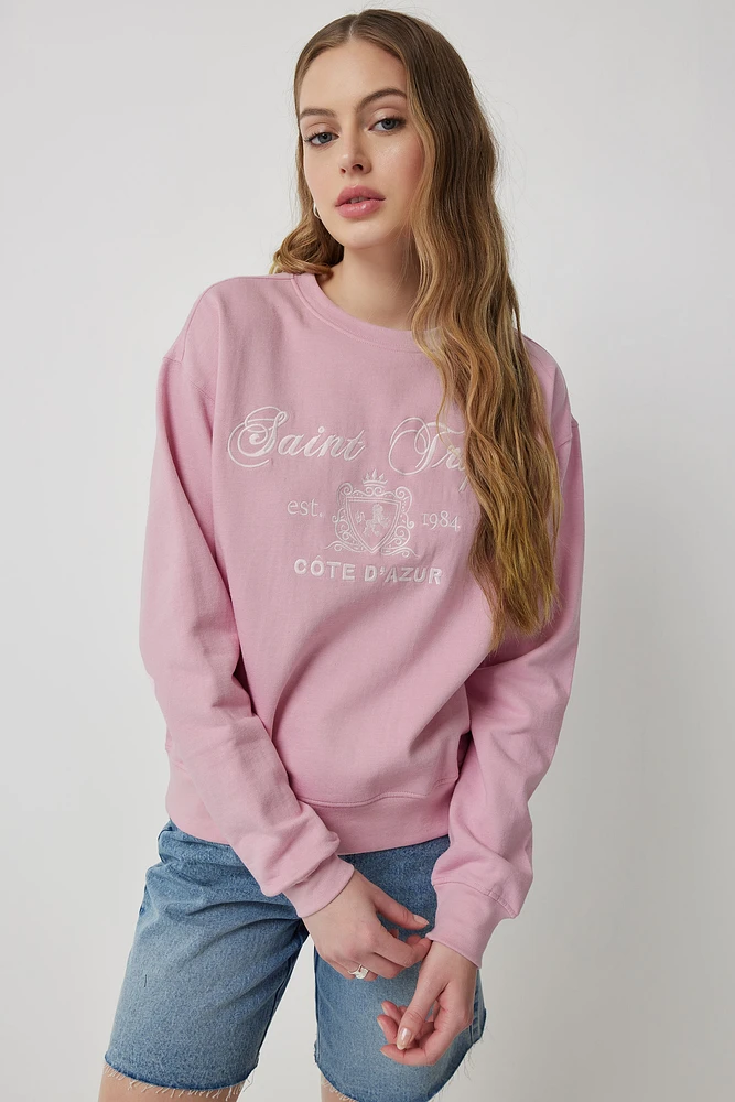 Ardene French Destination Crew Neck Sweatshirt in Light Pink | Size | Polyester/Cotton | Fleece-Lined