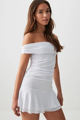 Ardene Off Shoulder Drop Waist Mini Dress in White | Size | Polyester/Spandex