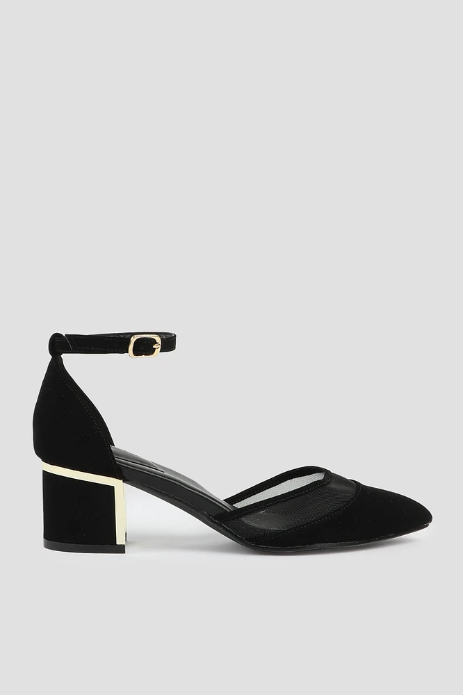 Ardene Ankle Strap Block Heel Pumps in Black | Size | Faux Suede | Eco-Conscious