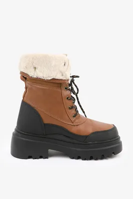 Ardene Snow Boots With Faux Fur Collar in Brown | Size | Faux Leather | Microfiber