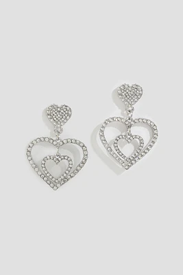 Ardene Rhinestone Triple Heart Earrings in Silver | Stainless Steel