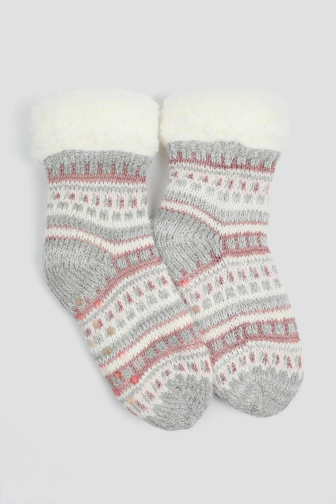 Ardene Fair Isle Slipper Socks in Light Grey | Polyester/Spandex