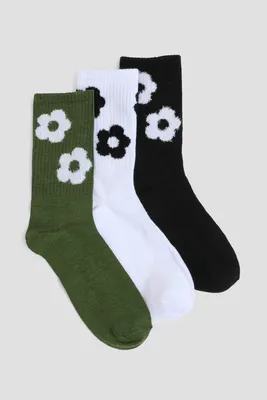 Ardene 3-Pack of Floral Crew Socks in Green | Polyester/Spandex