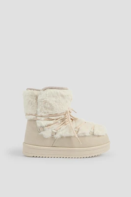 Ardene Kids Wraparound-Lace Faux Sheepskin Boots in Beige | Size | Faux Suede | Eco-Conscious | Microfiber