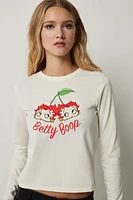 Ardene Betty Boop Long Sleeve Fitted T-Shirt in White | Size | Spandex/Cotton