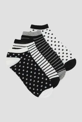 Ardene 4-Pack Polka Dot & Striped Ankle Socks in Black | Polyester/Elastane