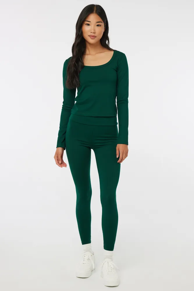 Ardene Wide Waistband Super Soft Leggings in Dark Green, Size, Polyester/Elastane, Eco-Conscious